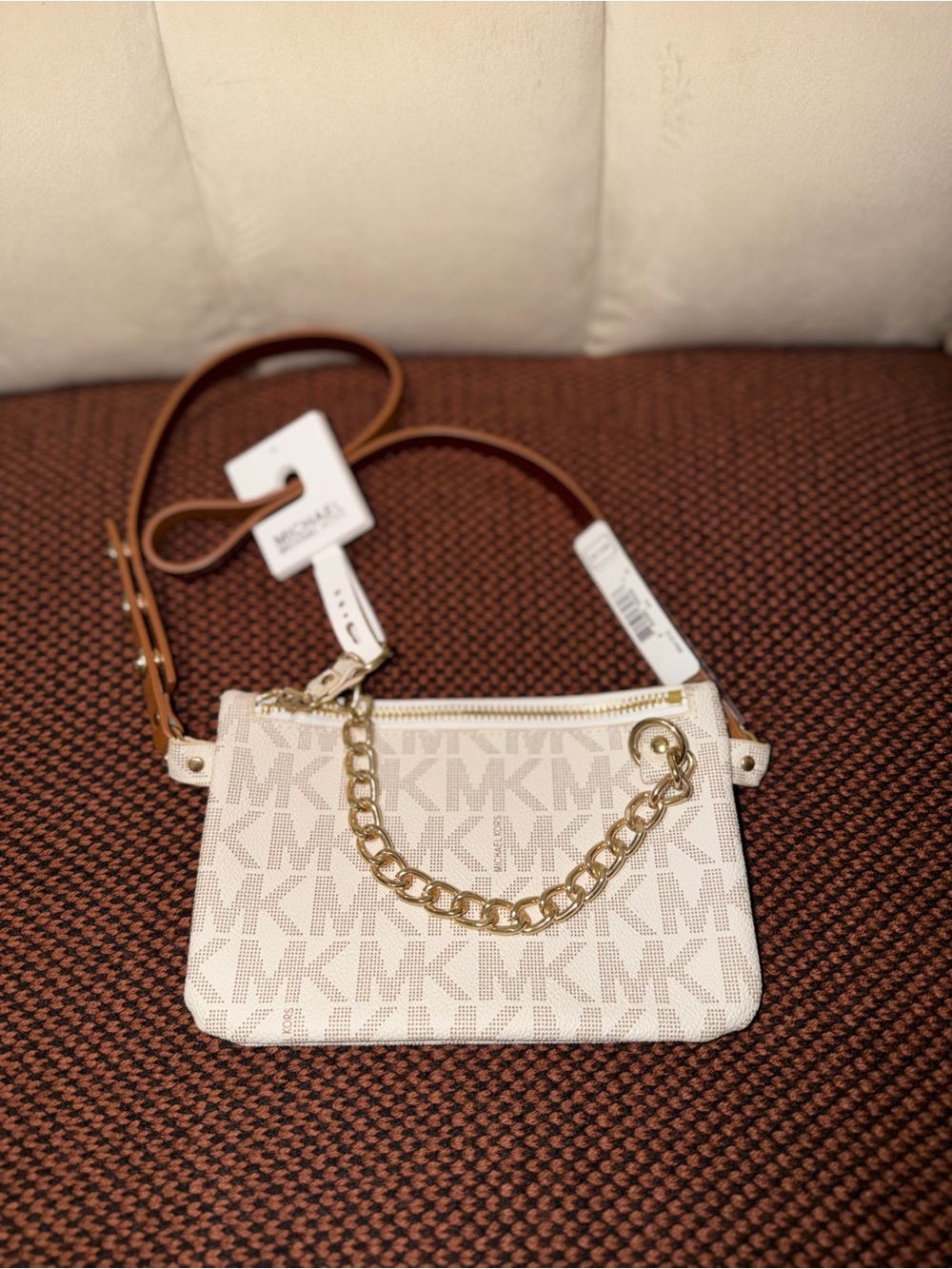 Michael Kors Beige Logo belt bag with Gold Chain Accent